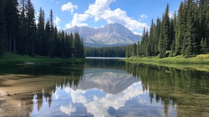 Serene lake reflecting pine trees and mountains in the background
