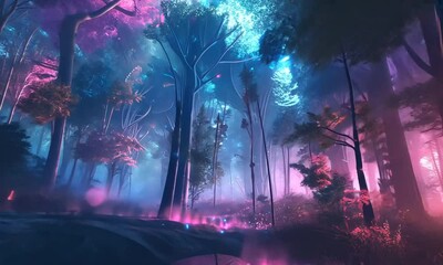 Step into a mesmerizing world where a twilight forest bursts with surreal colors and magical lights, inviting you to explore its enchanting depths at dusk