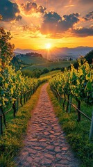 Naklejka premium Serene Walkway Through Vineyard at Sunset