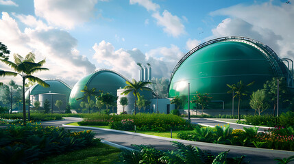 Storing Green Biogas in Anaerobic Digestion Tanks for Carbon-Neutral Power Generation. Concept Anaerobic Digestion, Green Biogas, Power Generation, Carbon-Neutral, Storage Tanks