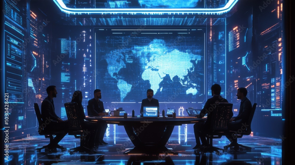Poster Silhouetted figures sit around a circular table in a dimly lit, futuristic setting. A large screen displays a digital map of the world, illuminating the room in a soft, blue glow