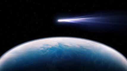 Comet is approaching Earth. Comet tail against blue planet. Dangerous celestial body moving towards Earth.