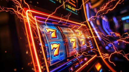 Neon slot machine interface with electrifying arcs on dark background