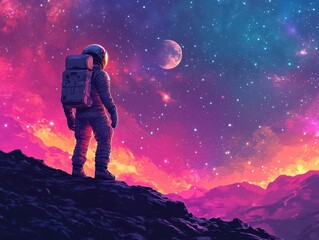 an astronaut exploring a vibrant, colorful lunar landscape, with a cosmic backdrop filled with stars and planets, illustrating the wonder and adventure of space exploration