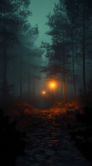 strange light in paranormal forest landscape at night