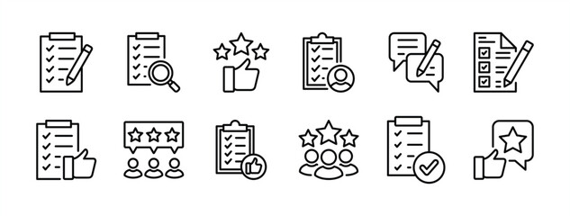 Evaluation thin line icon set. Containing checklist, feedback, verify, check, thumb up, rating, star, examine, checkmark, tick, opinion, research, review, satisfaction, result, inspection. Vector