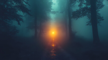 strange light in paranormal forest landscape at night