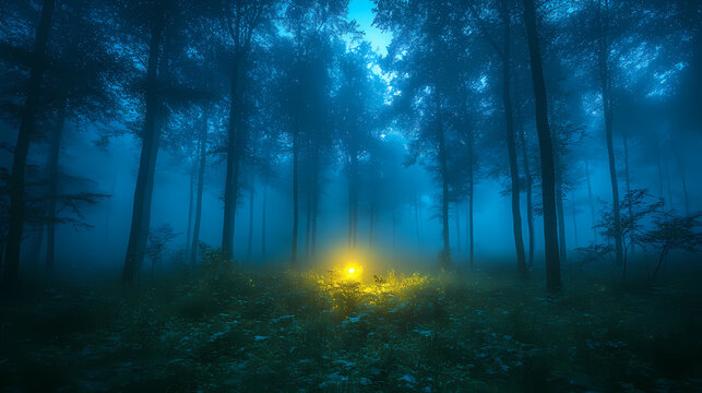 strange light in paranormal forest landscape at night