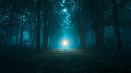Obraz premium strange light in paranormal forest landscape at night
