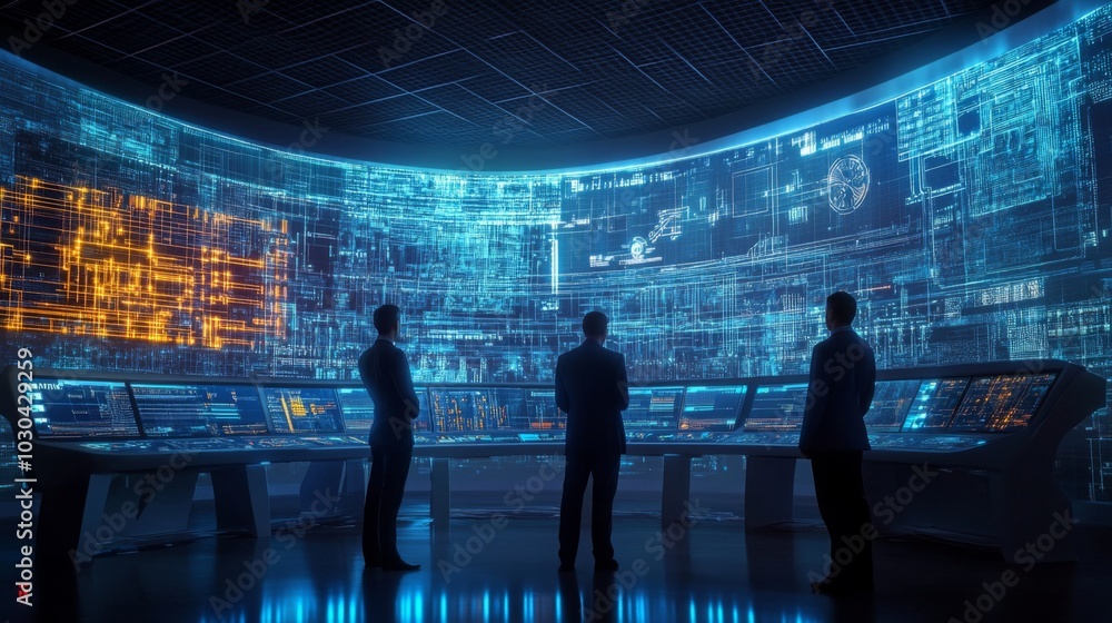 Poster in a dimly lit control room, three figures stand attentively, gazing at a series of glowing digital 