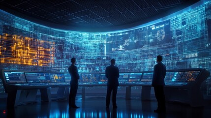 In a dimly lit control room, three figures stand attentively, gazing at a series of glowing digital displays and holographic data projections that illuminate the space with vibrant colors.