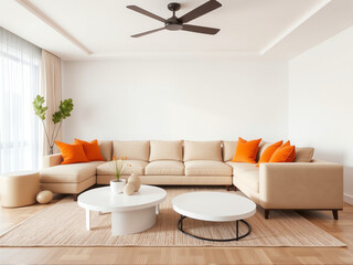 A contemporary living room featuring vibrant orange furniture, creating a warm and inviting atmosphere.
