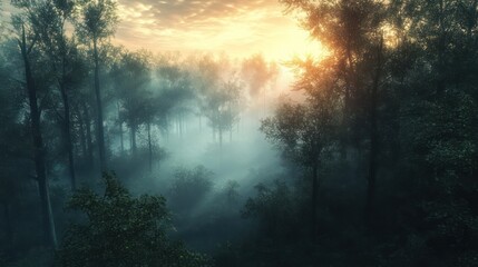 Fototapeta premium Sunrise over a tranquil forest with mist rolling through the trees