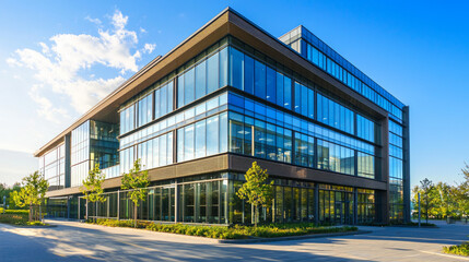Obraz premium Modern office building with expansive glass facade reflecting blue sky in a vibrant urban environment