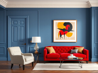 A stylish living room featuring blue walls, a red sofa, a modern abstract painting, and a white armchair, creating a vibrant yet sophisticated ambiance.