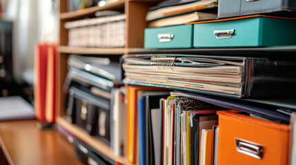 Organized storage shelves filled with colorful binders and files for efficient office management and task planning at a work desk