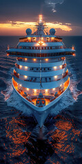 Fototapeta premium A majestic cruise ship illuminated by lights against a dramatic sunset sky as it sails on the ocean waves, front view.