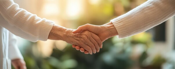Elderly woman holding the hand of a caregiver, sharing a look of mutual trust and compassion, soft lighting emphasizes warmth and care, Elderly, Care, Trust