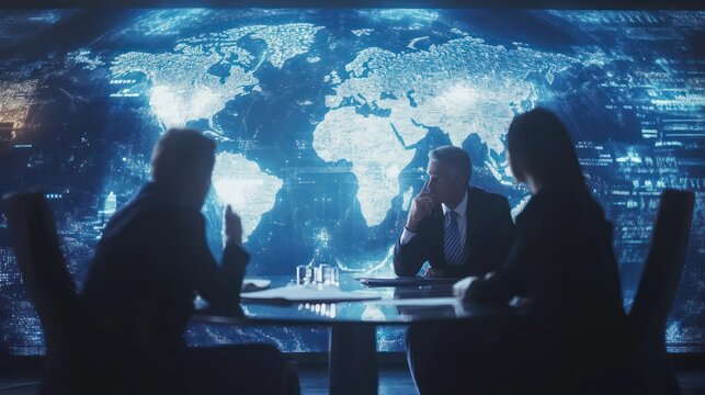 Team of executives discussing global expansion strategies
