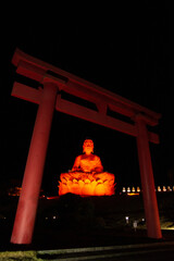 Red Torii Gate Illuminates Peaceful Buddha Statue