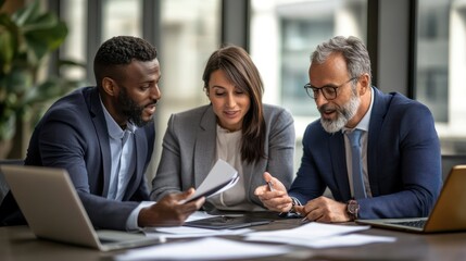 Team of financial advisors consulting with clients in an upscale office