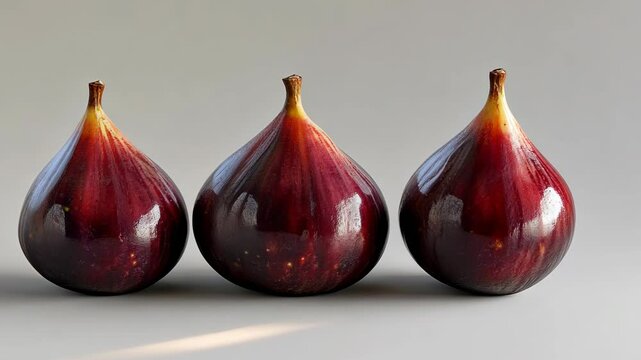 Three ripe figs sit in a row on a gray surface