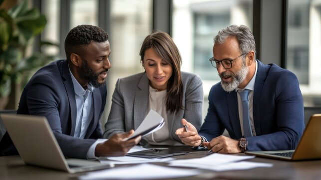 Team of financial advisors consulting with clients in an upscale office