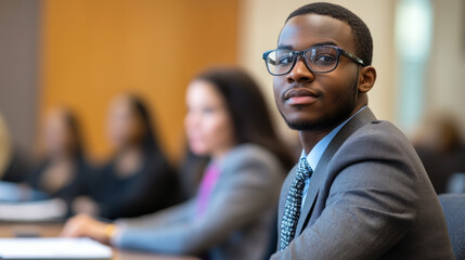 Obraz premium Confident young professional engages in a business meeting with colleagues in a modern office environment during the afternoon