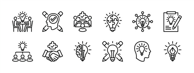 Business creativity thin line icon set. Containing light bulb, teamwork, puzzle, meeting, handshake, thinking, innovation, solution, team management, creative idea, invention, education. Vector 