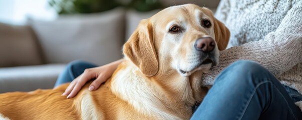 Pet owner resting their hand on a dog's back, trust and loyalty captured in a calm indoor scene, Pet Owner, Comfort, Trust