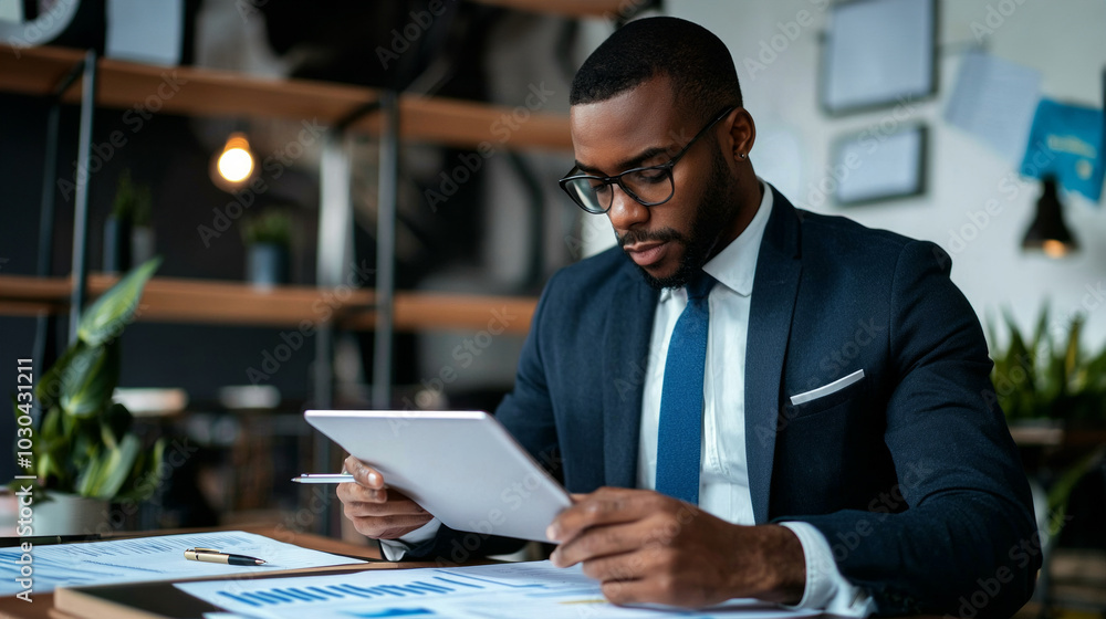 Poster a man thoroughly reviewing business contracts in a modern office setting with plants and charts in t