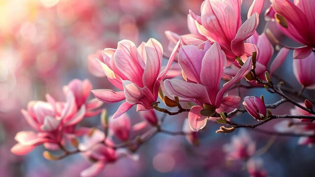 Pink magnolia flowers bloom in the warm spring sun