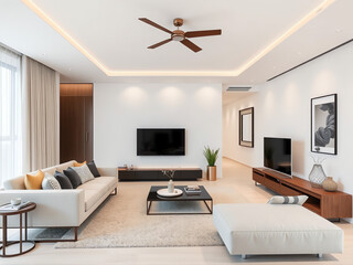 Modern living room featuring white furniture and a ceiling fan, creating a bright and airy atmosphere.