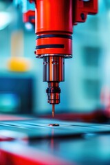 A close-up view of a high-tech laser cutting machine, showcasing its precision components and vibrant red color in an industrial setting.