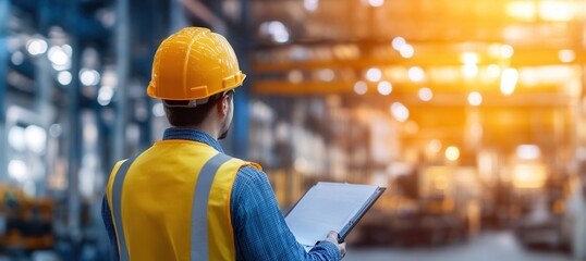 A construction worker in a hard hat checks data on a tablet in a well-lit warehouse environment.