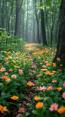 A winding forest path lined with vibrant orange and pink wildflowers on a foggy cloudy day creating a mystical atmosphere.