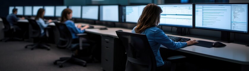 A modern control room with multiple monitors displaying data, where individuals are focused on their tasks, emphasizing teamwork and technology.