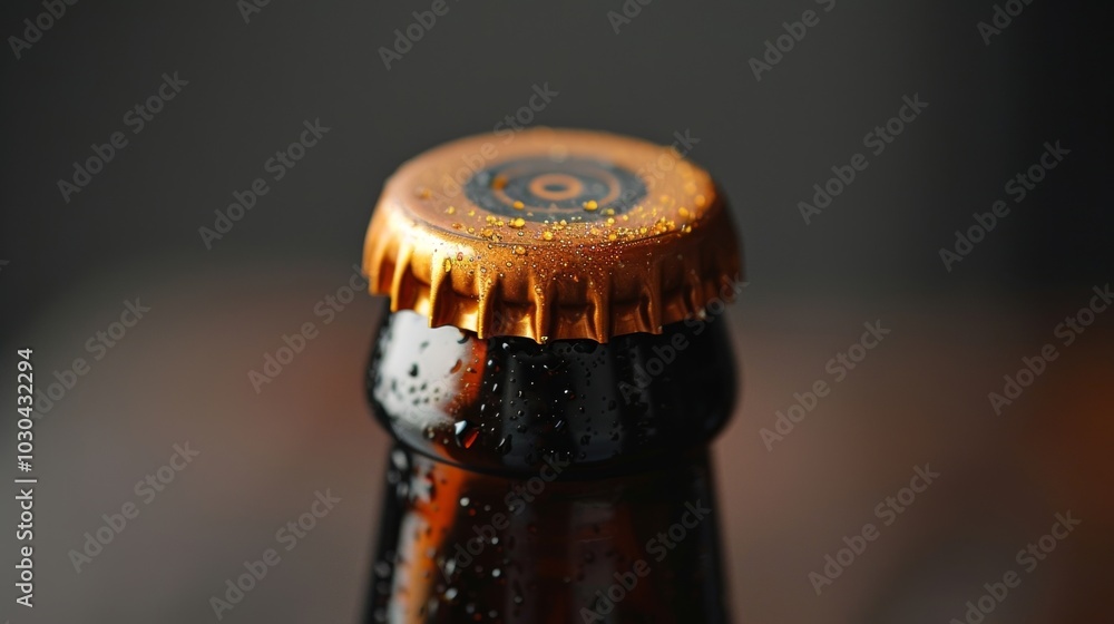 Poster a macro shot of the top of a craft beer bottle showcasing the intricate design of the bottle cap. it