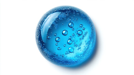 A shimmering blue sphere capturing tiny bubbles in tranquil elegance against a white background