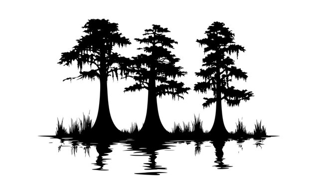 Bald cypress with knees in a swamp landscape, vector illustration art