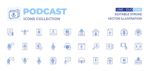 Podcast icons collection. Line Duotone style, editable stroke. computer, record, smartphone, transcription, download, script, voice control, podcast, search, studio, broadcasting