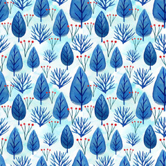 Winter pattern. Botanical leaves and trees, watercolor hand drawing pattern.
