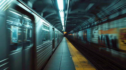 A subway train speeding through a dimly lit underground station. Motion blur, selective focus.