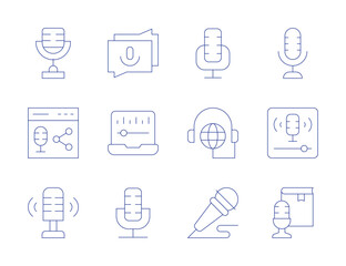 Podcast icons. Thin Line style, editable stroke. microphone, podcast, chat, laptop