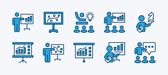 Set of presentation, meeting, conference, seminar, communication, and discussion icon vector. Containing coach, instructor, growth chart, strategy, opinion ideas, brainstorm, business training