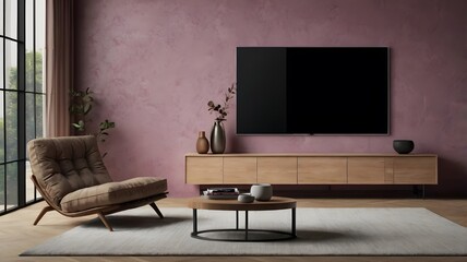 Stylish living room interior with wall-mounted tv, cozy armchair, and wooden decor