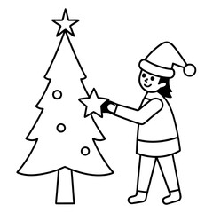 A Christmas elf putting a star on top of a tree vector art illustration.
