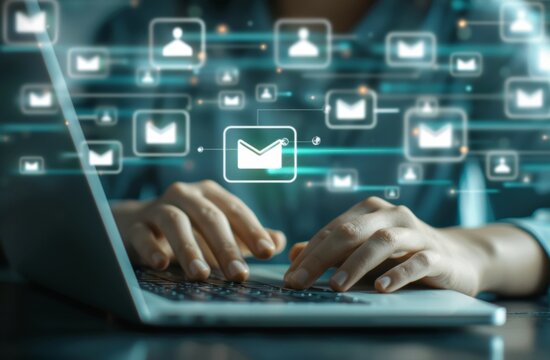 Manos tecleando en un port&aacute;til mientras iconos de correos electr&oacute;nicos y contactos flotan sobre la pantalla, representando comunicaci&oacute;n digital.

