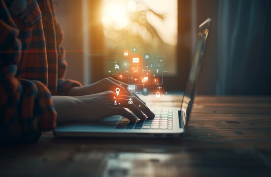 Manos tecleando en un ordenador port&aacute;til, con iconos digitales flotando sobre el teclado, representando tecnolog&iacute;a y conectividad en un ambiente c&aacute;lido.

