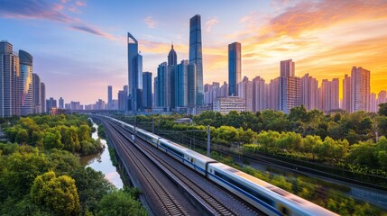 Fototapeta premium City skyline with train and sunset view